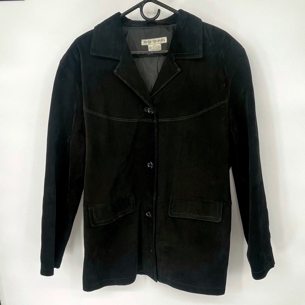 Jessica Holbrook Womens Black Suede Leather Blazer Jacket Coat Large